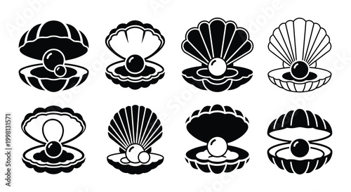 Seashells with pearls black silhouette vector illustration set