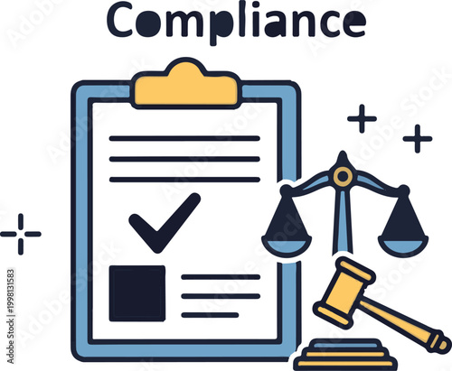 Compliance business concept vector, legal document with checkmark on clipboard, justice scales and judge gavel icon for regulatory standards