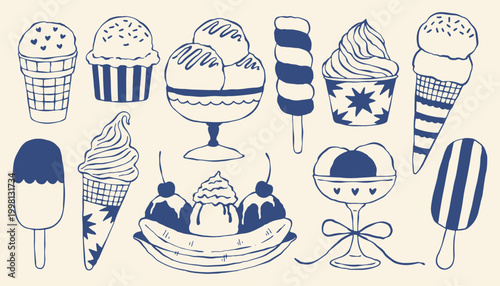 Hand drawn vector ice cream set in mediterranean blue style. Collection of gelato scoops, cones, popsicles, banana split, and sundae. Minimalist doodle summer dessert icons for cafe menu or textile