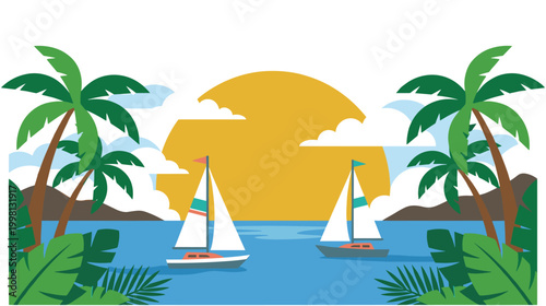 Vibrant sunset tropical bay with palm trees and two sailboats at sea.