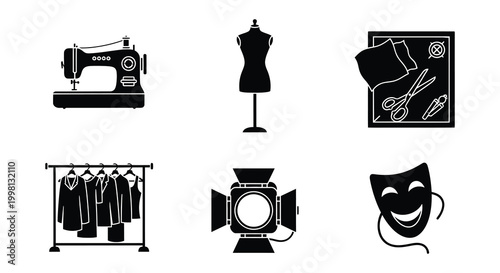 Flat vector icons of sewing tools clothing and theatrical props