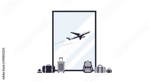 A mirror reflects an airplane taking off with various pieces of luggage placed in front of it for travel and vacation planning concepts.