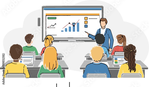 Modern classroom education vector, teacher presenting data on interactive whiteboard, students learning with laptops in digital school setting