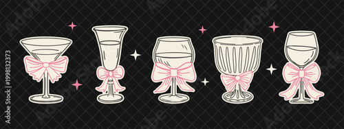 Elegant cocktail and wine glasses collection with pink bows. Coquette illustration. Whimsical vintage hand drawn sketch. 