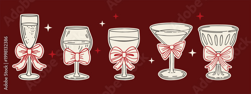 Elegant cocktail and wine glasses collection with pink bows. Coquette illustration. Whimsical vintage hand drawn sketch. 