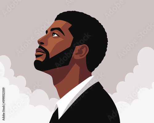 Portrait of an african american man in a business suit with a beard looking upwards. Illustration.