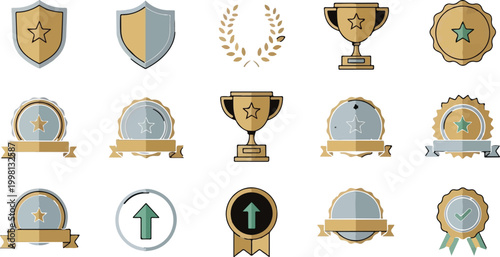 Vintage award badges and trophy icons set, gold and silver achievement medals with ribbons, 15 vector reward elements for gaming and business