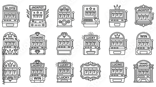 Collection of outline slot machine icons for casino games.