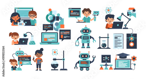 A cheerful young girl interacts with a friendly robot, conveying a sense of curiosity and technological connection. Ideal for education or future tech