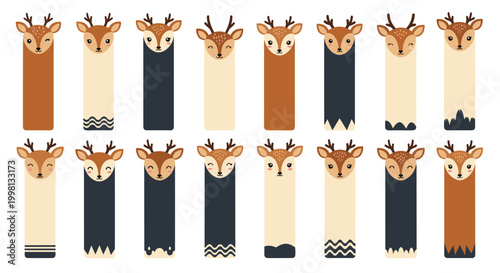 Variety of cute deer character bookmarks in different brown and blue shades with various facial expressions and geometric patterns.