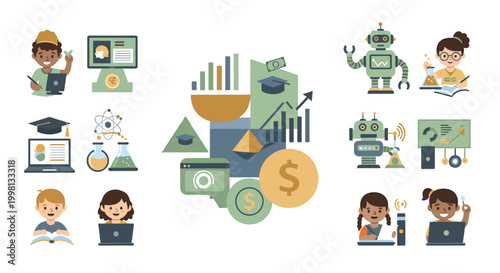 Cheerful boy happily reading a book while a laptop displays educational content. Perfect for illustrating learning, education, and achieving goals.