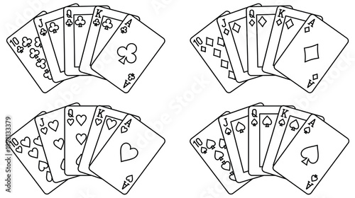 Outlined royal flush card sets for coloring or simple design projects now.