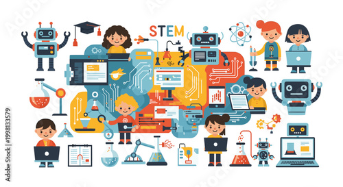 Cheerful illustration of a young boy diligently using a laptop, conveying focus, learning, and the digital age. Perfect for educational materials and 