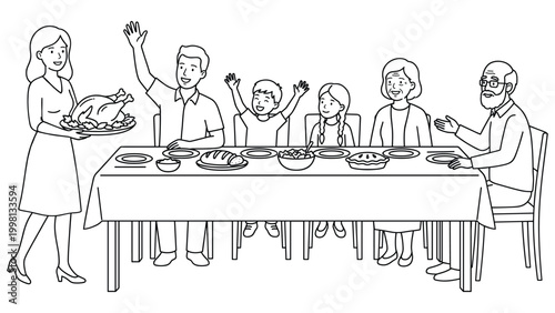 Family gathering for holiday dinner celebration with delicious food on dining table.