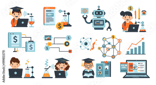 A cheerful young boy experiments and studies with a laptop, surrounded by lab equipment. Ideal for educational materials or showcasing curiosity and i