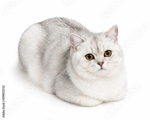 beautiful young Scottish Straight chinchilla cat relaxed loaf pose upright ears dense silver shaded long fur luminous amber eyes refined minimal wallpaper concept slightly elevated camera angle