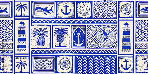 nautical pattern with pineapples and anchors blue and white