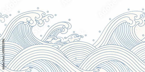 Blue line art of ocean waves with circular details