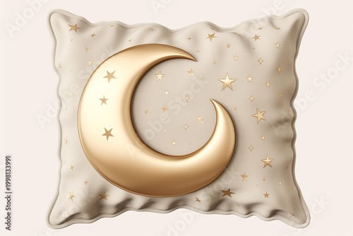 Pillow showing a golden crescent moon and stars, symbolizing sleep and comfort