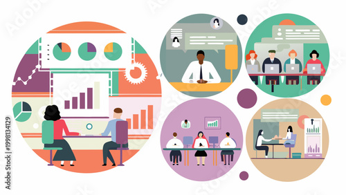 flat vector illustration of business scenes with professionals in circles
