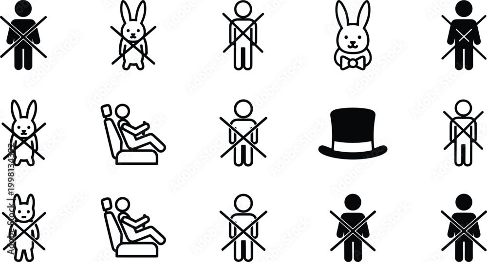 Naklejka premium Prohibition and restriction icon set featuring crossed out people, rabbits, driving seat, and top hat symbols in minimal outline vector style