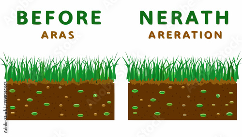 Lawn aeration comparison before and after illustration with grass and soil