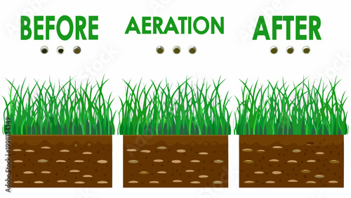 Lawn aeration comparison before and after illustration with grass and soil