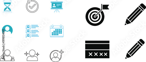 Productivity and user management icons set featuring time tracking, checklist, presentation, calendar, target goal, profile, password, edit symbols