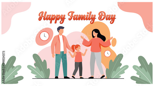 Family day vector illustration with parents and daughter spending happy time together.