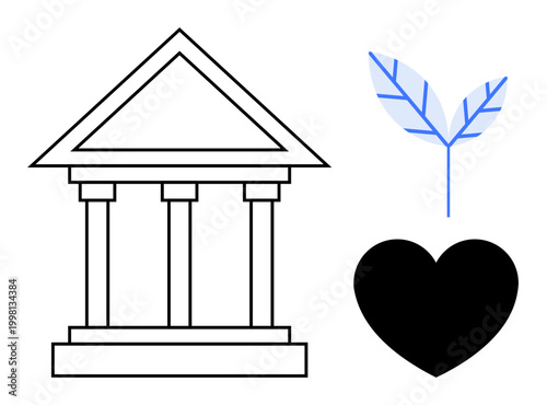 Law, ethics, environmental sustainability, love, justice, societal values. Icon set a courthouse, a heart and a leaf. Law and ethics combined with environmental