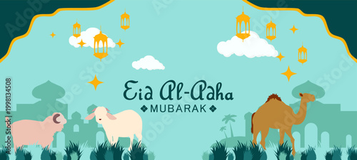 vector illustration of Eid al-Adha background with sacrificial animals, mosque, and lanterns. Perfect for Islamic greeting cards, posters, and religious celebration banners.Eid Al-Adha Illustration.
