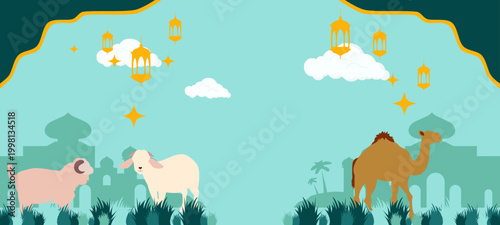 vector illustration of Eid al-Adha background with sacrificial animals, mosque, and lanterns. Perfect for Islamic greeting cards, posters, and religious celebration banners.Eid Al-Adha Illustration.