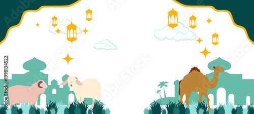 vector illustration of Eid al-Adha background with sacrificial animals, mosque, and lanterns. Perfect for Islamic greeting cards, posters, and religious celebration banners.Eid Al-Adha Illustration.