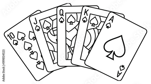 Minimalist outline spade royal flush poker hand set for coloring page.