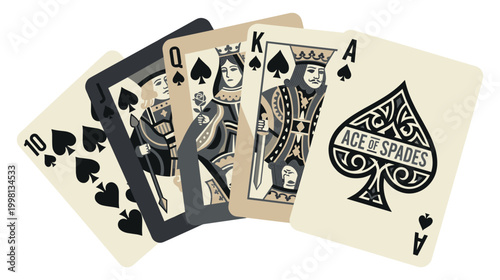 Royal flush spade playing cards hand on white backdrop for gambling.