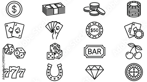 Set of outline icons representing casino, money, and gambling elements.