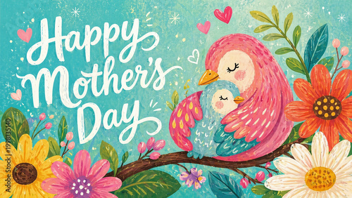 Happy Mother's Day Illustration with Cute Pink and Blue Birds Cuddling on a Branch Surrounded by Colorful Flowers and Hearts on a Turquoise Textured Background