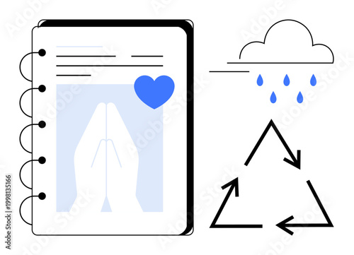 Sustainability, mindfulness, eco-friendly practices, conservation, recycling, environmental care. Notebook with praying hands, heart triangle recycling symbol raindrops. Eco-friendly practices