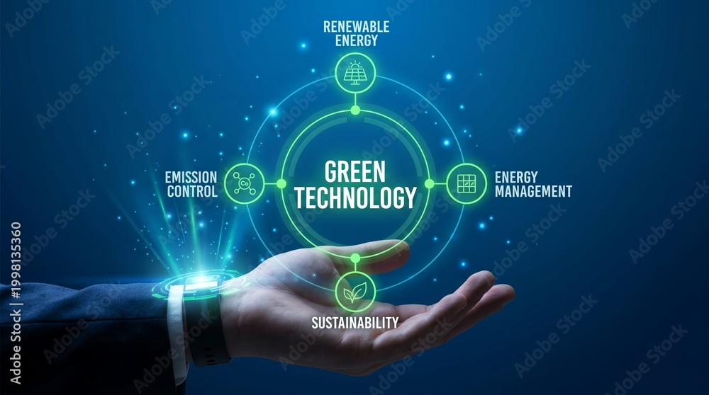 Naklejka premium Hand holding green technology concept with sustainability and renewable energy