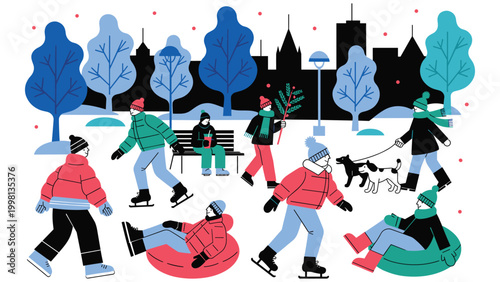 winter scene with people ice skating and sledding and playing in snow in park.