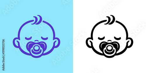 Logotipo con dibujo minimalista con líneas de la cabeza de un lindo bebé niño durmiendo con chupete