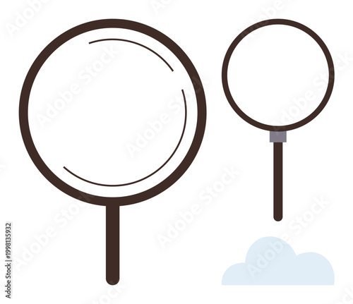 Search tools, visibility enhancement, investigation, exploration, scrutiny, attention to detail. Two magnifying glasses and a cloud icon . Search tools and visibility enhancement theme illustration