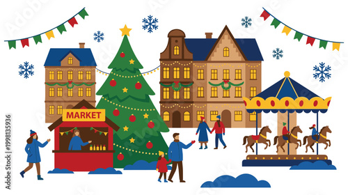 Christmas market square with carousel and winter holiday decorations.