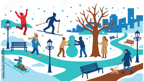 Winter park scene with people enjoying snow activities like skiing and sledding.