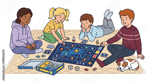 Happy children playing board game on rug with space theme at home during leisure time.