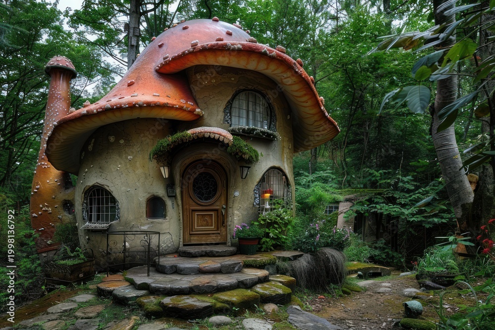 Fototapeta premium Whimsical mushroom shaped house nestled in a tranquil forest setting, creating a magical and enchanting atmosphere