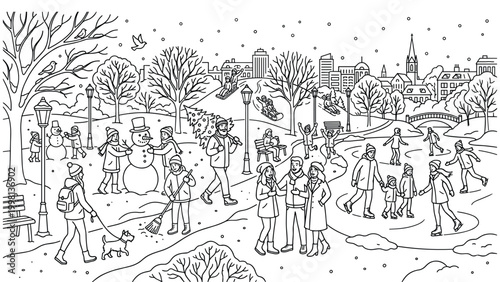 Coloring page of winter town park scene with children playing in snow and ice skating rink.