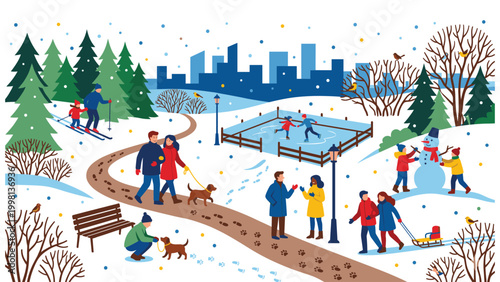 Winter park landscape with people skating skiing walking dogs and building snowman activity.
