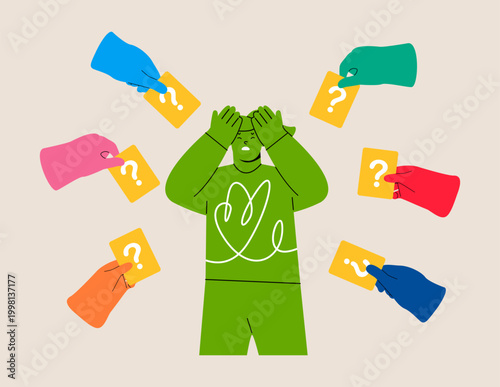 Woman surrounded by hands holding question mark cards. Colorful vector illustration