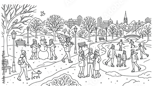 Winter park scene with people building snowman enjoying christmas tree and walking dog.